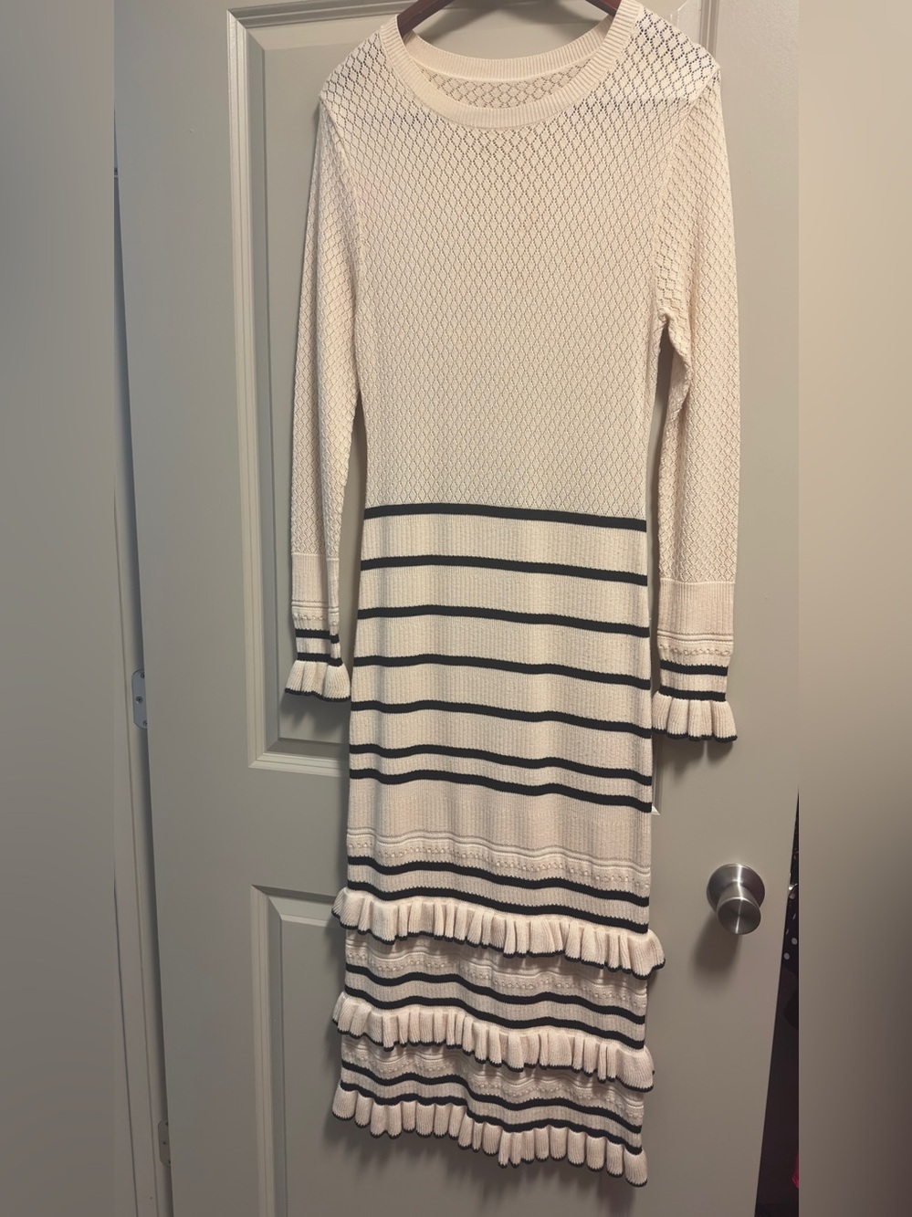 MOTF Cream Knit Dress with Black Stripes and Ruffle Hem
